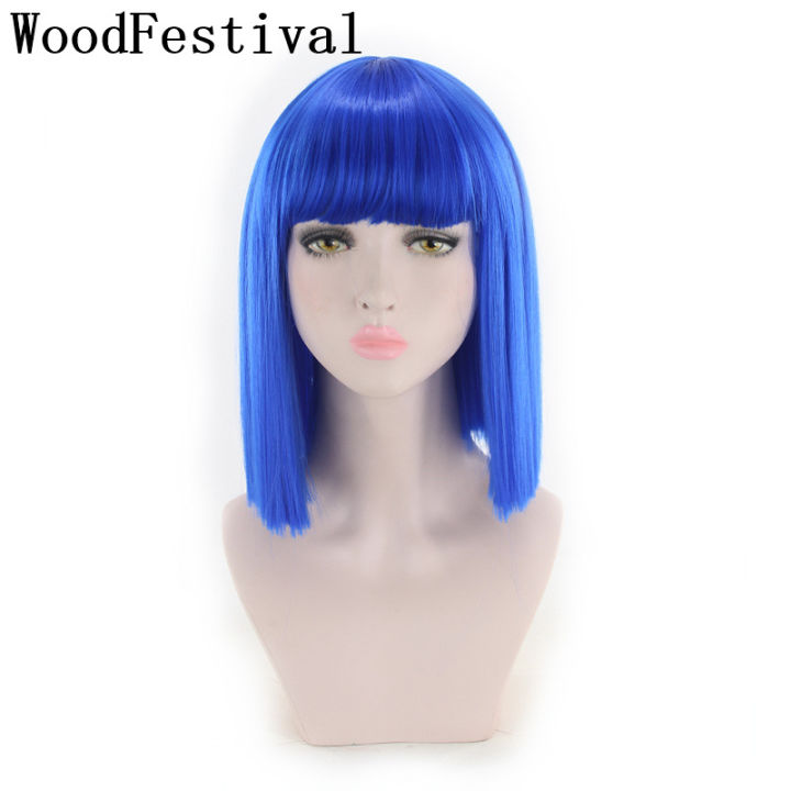 woodfestival-สังเคราะห์ผมวิกผมสั้นเรียบคอสเพลย์วิกผมสำหรับผู้หญิงตรงบ๊อบสีชมพูสีแดงสีน้ำตาลสีฟ้าสีเขียวสีขาวสีม่วงสีเทา