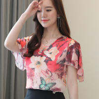 Chiffon short-sleeved blouse plus size womens summer trum sleeve printing