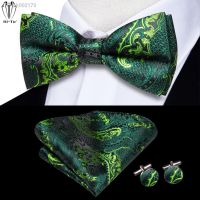 ♠▲ Hi-Tie Green Mint Teal Silk Mens Bow Tie Hanky Cufflinks Set Pre-tied Butterfly Knot Adjustable Bowtie Male Wedding Business