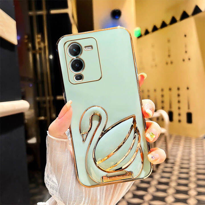 andyh-phone-case-for-vivo-v25-pro-5g-case-new-3d-swan-retractable-stand-phone-case-plating-soft-silicone-shockproof-casing-protective-back-cover