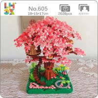 LHCX 605 Architecture Sakura Cherry Blossoms Tree House Garden Model Mini Diamond Blocks Bricks Building Toy for Children no Box