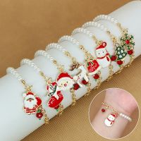 2022 New Christmas Bracelets Gold Color Imitation Pearl Santa Claus Xmas Tree Pendant Bracelet Bangle New Year Xmas Gifts