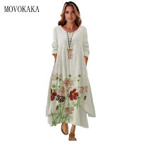 2022 Elegant Flowers Print Long Sleeve Spring Summer Dresses Casual O Neck Loose Women Dress Vintage Party Vestidos Long Dresses