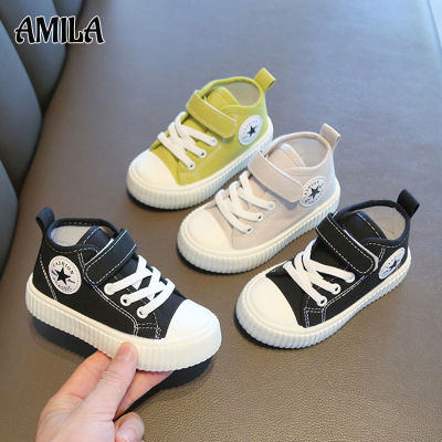 AMILA รองเท้าผ้าใบสูงสำหรับเด็ก,ด้านล่างที่อ่อนนุ่มรองเท้าสเก็ตรองเท้าลำลองเด็กชายกันลื่นใหม่