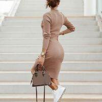 สายรุ้ง❤ชุดเดรสมีกระดุมผ้ายืดใส่สบายหรูหราความยาวเข่าแบบแฟชั่นฤดูใบไม้ผลิแขนยาว