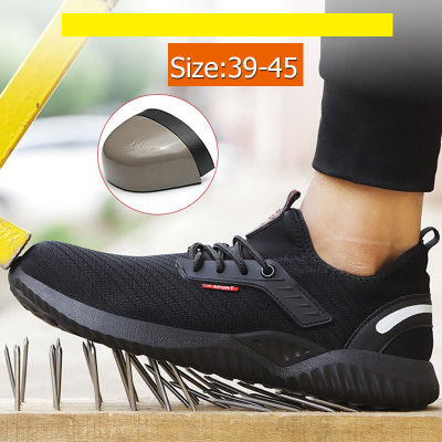 Onesunnys 🍃รองเท้าเซฟตี้🍃 รองเท้าหัวเหล็กต่อการสึกหรอ ป้องกันการชนและป้องกันการแทง รองเท้าเซฟตี้ผู้ชายระบายอากาศ Flyknit