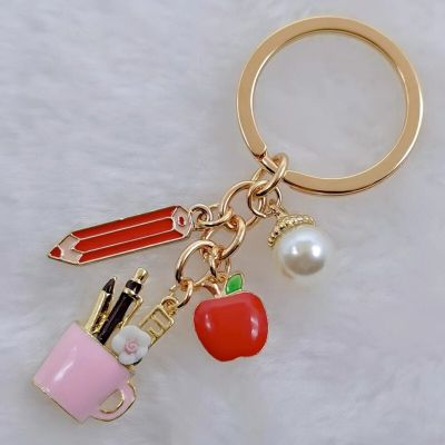 Enamel Pen Holder Apple Keychain Pearl Keychain Key Ring Teachers Day Gift Handmade Jewelry Key Chains