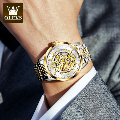 OLEVS นาฬิกาข้อมือสีทองสำหรับผู้ชาย,นาฬิกากลไกสแตนเลสสตีลสไตล์เกาหลีแฟชั่นโชว์กลไกอัตโนมัติกันน้ำของแท้ปี2022