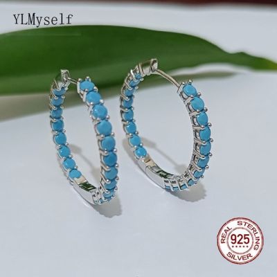 Solid Silver 3CM Hoop Earring Pave M Turquoise Stone Rhodium/18K Gold Plating 925 Sterling Silver Circle Round Earrings