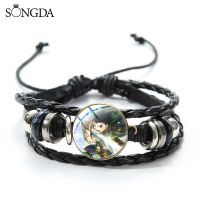 Japanese Anime Hunter X Hunter Display Black Leather Bracelet Handmade Cartoon Printed Glass Dome Buckle Multilayer Bracelets