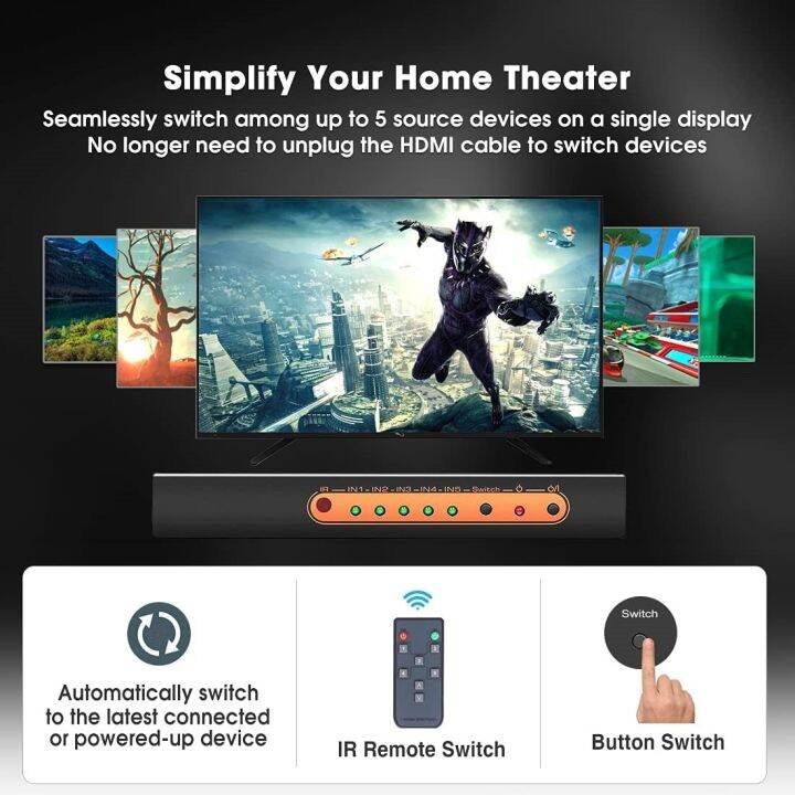 4k-60hz-สวิตช์-hdmi-5-in-1-out-hdmi2-0-selector-splitter-5x-1สวิตช์รีโมทควบคุมอัตโนมัติ18gbps-hdr10-dolby-vision-cec-uhd