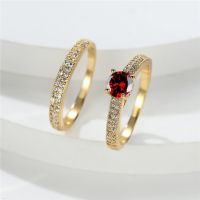 Trendy Round Red Ring Set Multicolor Zircon Engagement Rings For Women Vintage Yellow Gold Color Bridal Wedding Ring Set