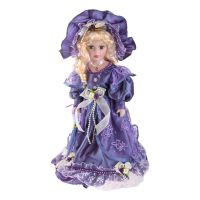 Porcelain Victorian Doll in Outfit Standing Lady Girl with Wooden Stand Valentine Home Office Desktop Display Ornament