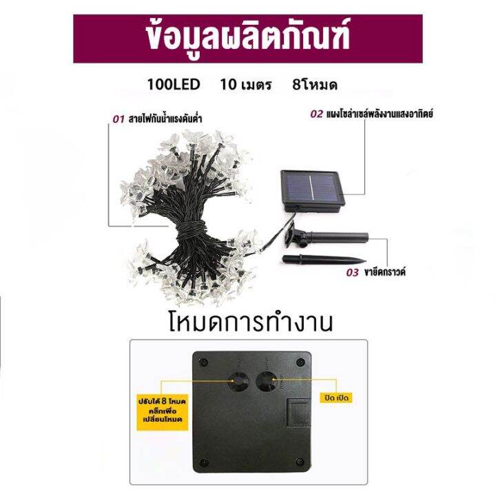 พร้อมส่ง-ไฟตกแต่งโซล่าเซลล์-led50ดวง-10เมตร8โหมดการใช้งานsolar-ไฟพลังงานแสงอาทิตย์-10ม-100led-rgb