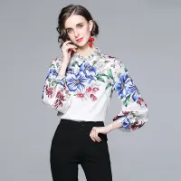 Elegant Flower Blouses Autumn And Spring Women Long Lantern Sleeve Lapel Single Button Chiffon Loose Casual Tops Shirts Blusas