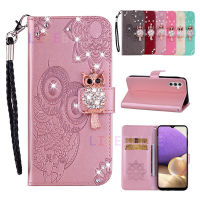 เคส A04s PU แบบฝาพับมีสายคล้องมือ + ลายนกฮูกระยิบสำหรับ Samsung Galaxy ปกหนังเคสมือถือช่องใส่บัตรกระเป๋าสตางค์เคสพับตั้งได้กันกระแทกเคสป้องกันพับได้