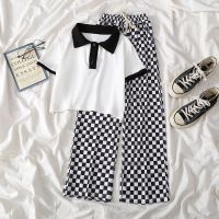 Girls 39; Junior Summer Suit Children 39;s Checkerboard Trousers Short Sleeve T-shirt 2 Piece Wide-Legged Pants 3-12Y