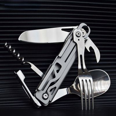 ：《》{“】= Folding Camping Cutlery Multi-Ftion Portable Tableware  Fork Spoon Bottle Opener Outdoor Cutlery Camping Equipment