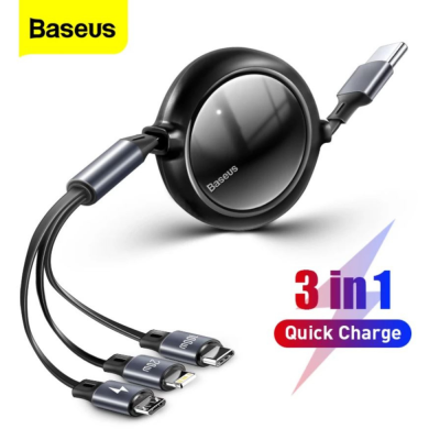 Baseus สายชาร์เร็ว100W 3 in 1 USB C Cable for iPhone 12 13 Charger Micro USB Type C Fast Charge for Macbook Samsung Xiaomi Retractable Cord