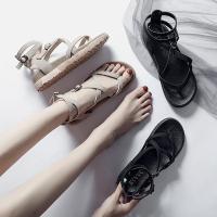 COD DSGRTYRTUTYIY 【Stroll-Spot】new versatile one button clip foot sandals womens summer muffin shoes fairy student flat Roman shoes