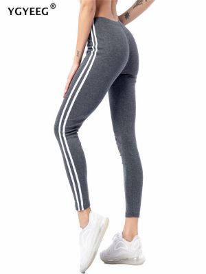 【VV】 YGYEEG Striped Pants Elastic Trousers Print Side Leggings Workout Push Up Ankle Length Soft Sportswear