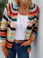 xixibeauty Rainbow Striped Open Front Cardigan, Casual Long Sleeve Cardigan For Spring &amp; Fall, Womens Clothing