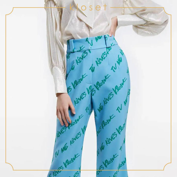 kloset-printed-high-waist-trousers-aw19-p013-กางเกงแฟชั่น-กางเกงผ้าพิมพ์-กางเกงเอวสูง