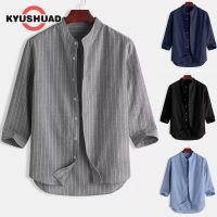 KYUSHUAD เสื้อเชิ้ตผู้ชายแขนสามส่วน,ใหม่เสื้อเชิ้ตผ้าลินินลายทางแขนสั้นคอตั้งวัยรุ่นแฟชั่นสะดวกสบายและระบายอากาศ