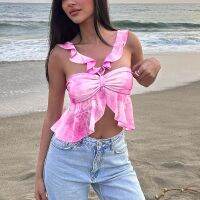 Web celebrity in same dress sexy new fresh sweet sleeveless top midriff falbala ultrashort pink blouse