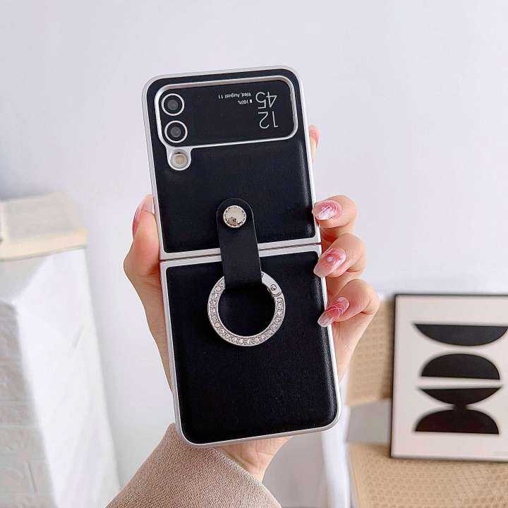 Hoce Metallic Finger Ring Stand Leather Phone Case For Samsung Galaxy Z Flip 4 3 Flip4 Flip3 5g