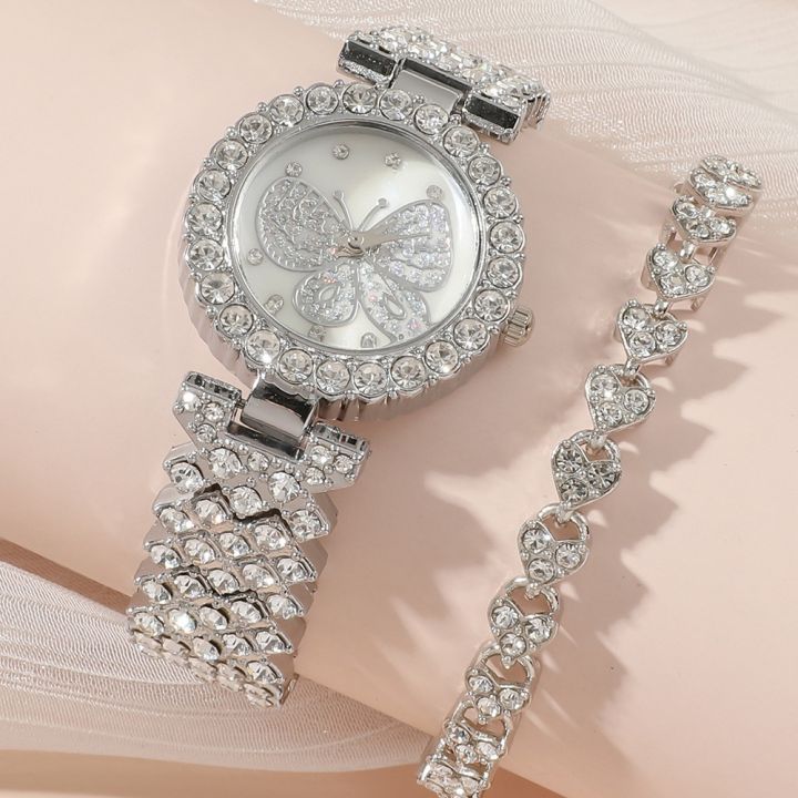 ชุดนาฬิกาสำหรับผู้หญิง5ชิ้นพร้อมต่างหูสร้อยคอสร้อยข้อมือแหวนใหม่ไรน์สโตนผีเสื้อนาฬิกาสายรัดเหล็ก