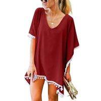 FN946N Plus Size Swimsuit For Women Solid Two Piece Trim Kaftan Chiffon Tassels Swimwear Beach Loose Bikini Cover Up Tops Biki