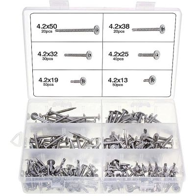 210PC Wood Self Drill Tapping Screw Kit Phillips Flat Round Head Drill Tail Screw M4.2 Countersunk Head Cross DrillingTail Screw