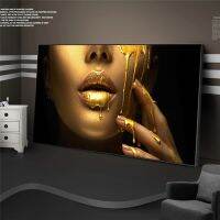 Golden Lips Wall Art ภาพ Home Wall Decor ผู้หญิงแอฟริกัน Gold Girl Face ภาพวาดผ้าใบบนผนังโปสเตอร์และภาพพิมพ์