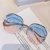 ☌►☏ XaYbZc 2023 Fashion Tea Gradient Sunglasses Women Ocean Water Cut Trimmed Lens Metal Curved Temples Sun Glasses Female UV400