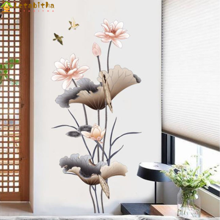สติกเกอร์กำแพงดอกไม้บัวสไตล์จีนการตกแต่งบ้านสติกเกอร์ติดผนัง-self-adhesive-wallpaper-สำหรับห้องนั่งเล่นห้องนอน