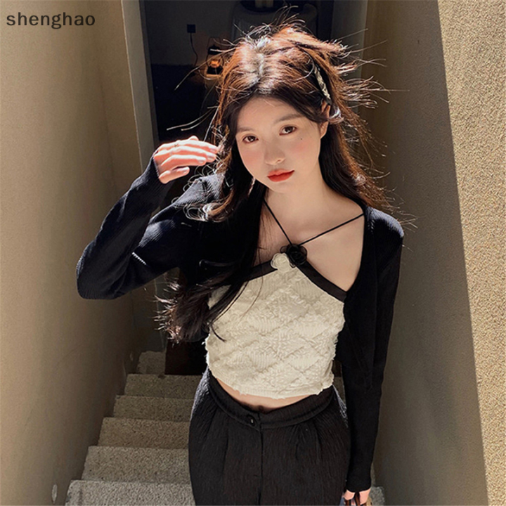 shenghao-เสื้อกล้ามสายเดี่ยวลายสก๊อตสำหรับผู้หญิงเสื้อแขนกุดลายสก๊อตถักแบบไม่สม่ำเสมอลายดอกไม้เซ็กซี่ฤดูร้อน