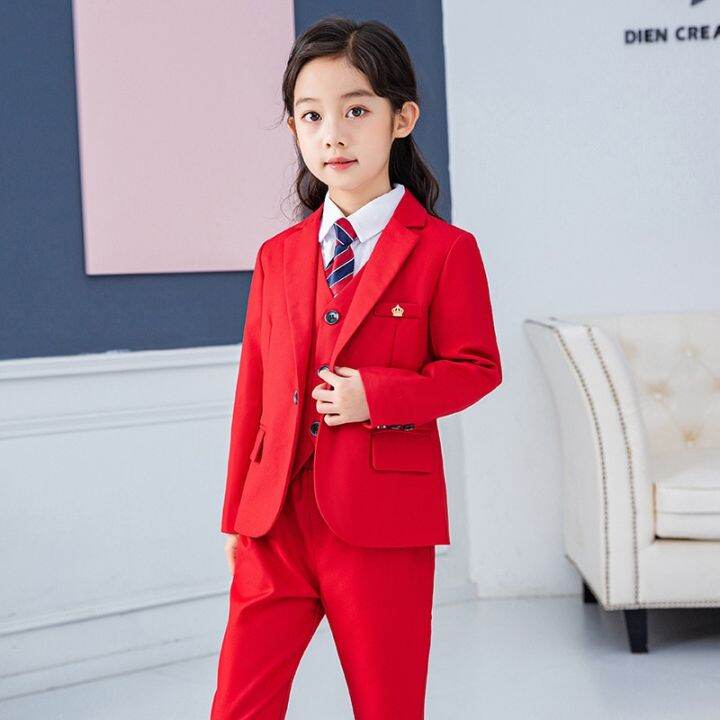 Girls Red Formal Suit Set Children'S Princess Wedding Show Host Costume  Kids Blazer Vest Shirts Pants Tie Clothing Sets | Lazada Ph