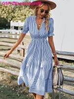 Asdsadsaaff Mulheres Listrado Litterna Manga Vestido De Vercausal V-neck Midi 2023ปาร์ตี้ชายหาด