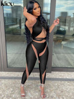 Kliou Halter Two Piece Set Women y Criss Cross Bandage Cleavage Backless Crop Tops+ Mesh Patchwork Legging Matching Suits