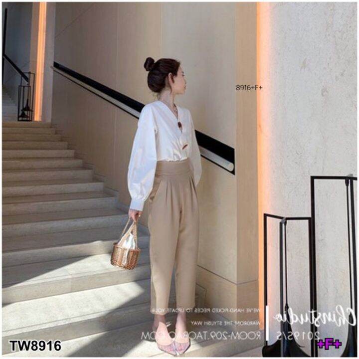 tw8916-set-เสื้อคอวีแขนตุ๊กตา-กางเกงขายาวทรงเอวสูง