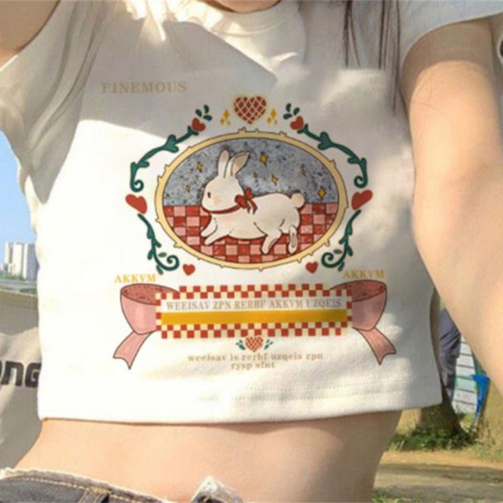 huilun-เสื้อครอปเสื้อแขนสั้นรัดรูปลายการ์ตูนเสื้อยืดพิมพ์ลายเสื้อผู้หญิงคอกลมฤดูร้อน