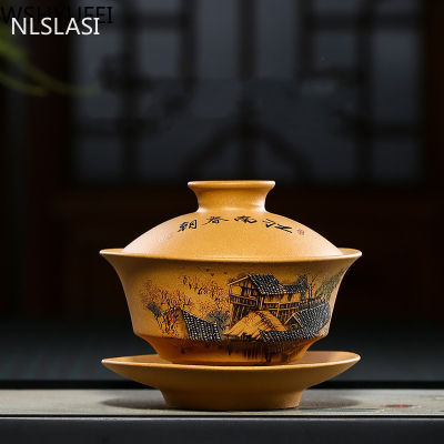 Nlsasi Yixing สีม่วงดิน Gaiwan Zisha ชุดกาน้ำชาจีน T Eaware หม้ออบฝาชามจานรองชาชงถ้วยชาของขวัญที่กำหนดเอง130มิลลิลิตร