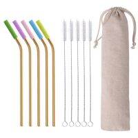 New Stainless Steel Colorful Straight&amp;Bend Reusable Drinking Straw With Silicone Tips And Cleaner Brush Free Bag Bar Accessories Specialty Glassware