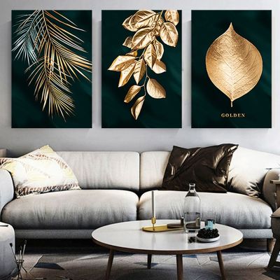 Nordic Triptych Plant Mural Restaurant Entrance Living Room Golden Abstract Leaf Canvas Painting Decorative Painting