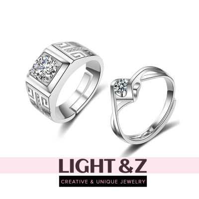 LIGHT & Z แหวนเพชรผู้ชายและผู้หญิงทองคำขาวชุบ S925แหวนเพชรเงินสดปากแฟชั่นแหวนแต่งงานคู่