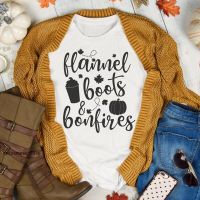 Flannel Boots &amp; Bonfires T-Shirt Cute Pumpkin Spice Graphic Tee Shirt Top Autumn Women Thanksgiving Holiday Gift Tshirt Premium