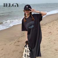 IELGY  ชุดเดรสแฟชั่นผู้หญิง,ชุดเดรสลำลองแขนสั้นพิมพ์ลายหลวมขนาดใหญ่