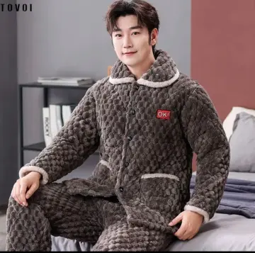 Zipper-up Pajamas Suit Winter Men Sleepwear Three-Layer Thickened Nightgown  Pyjamas Coral Fleece Wool Warm Home Clothes