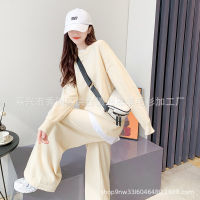 Spot parcel post Autumn and Winter Western Style Younger Fashion Internet Celebrity Fake Two Pieces Sweaters Suit Womens Temperament Leisure Knitted Wide-Leg Pants Two-Piece Suit